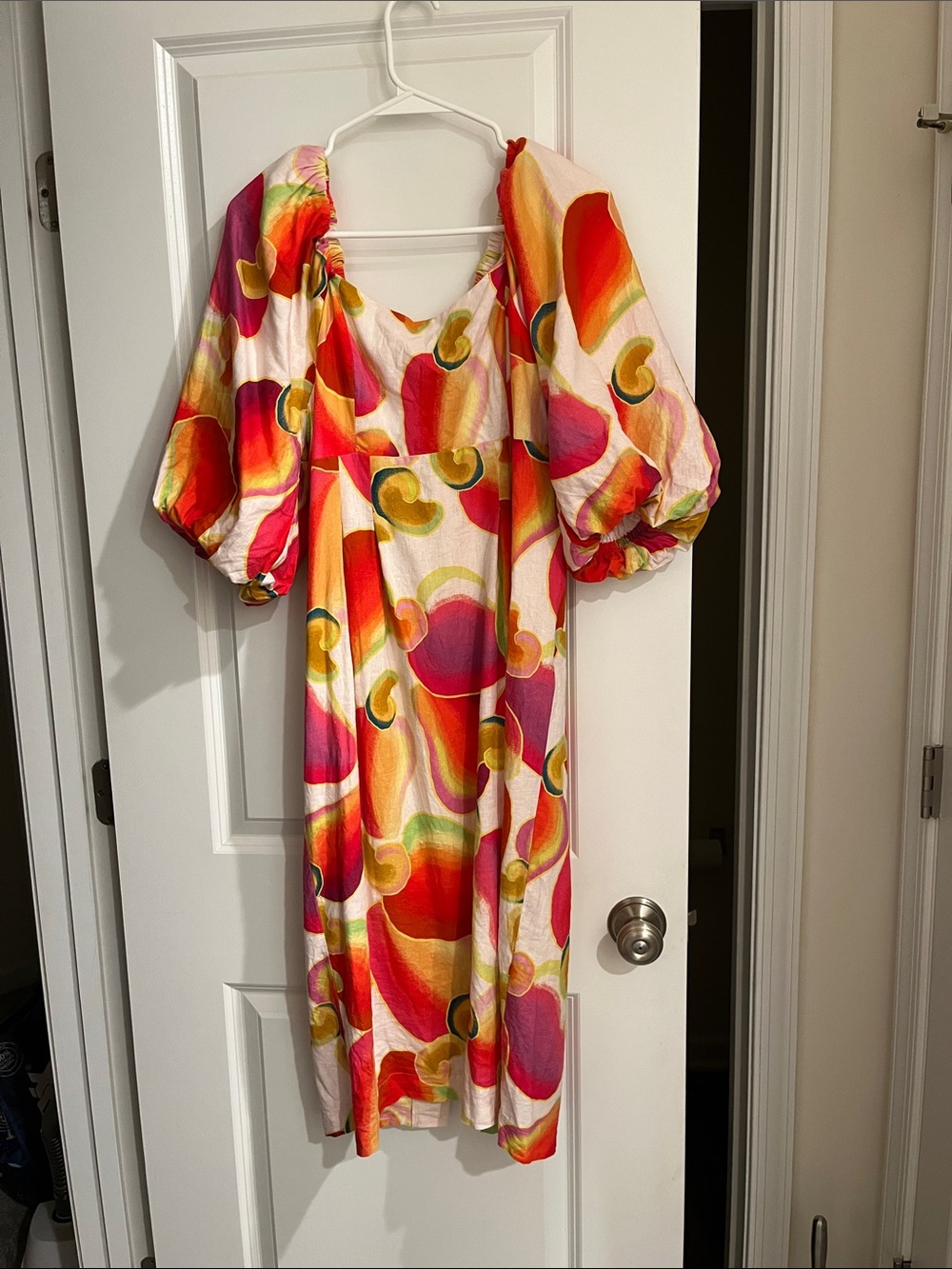 FARM Rio White Midi Dress with Pink, Orange, Yellow & Green Abstract Print